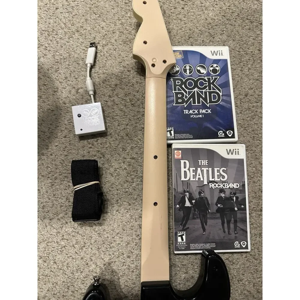 Nintendo Wii Rock Band Guitar w Dongle Strap 2 Games RockBand Track Pack Tested